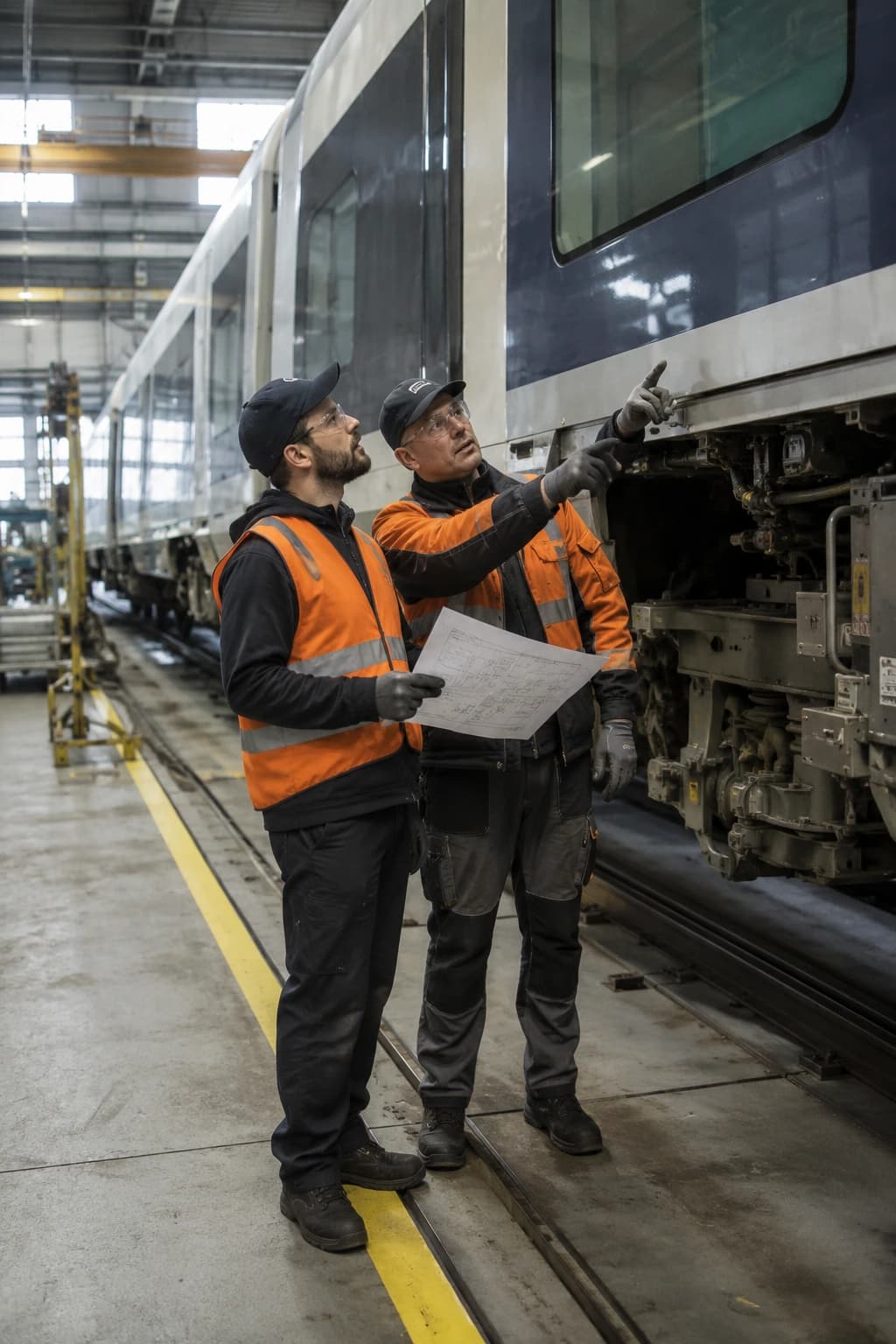 Techniciens inspectant un train en atelier