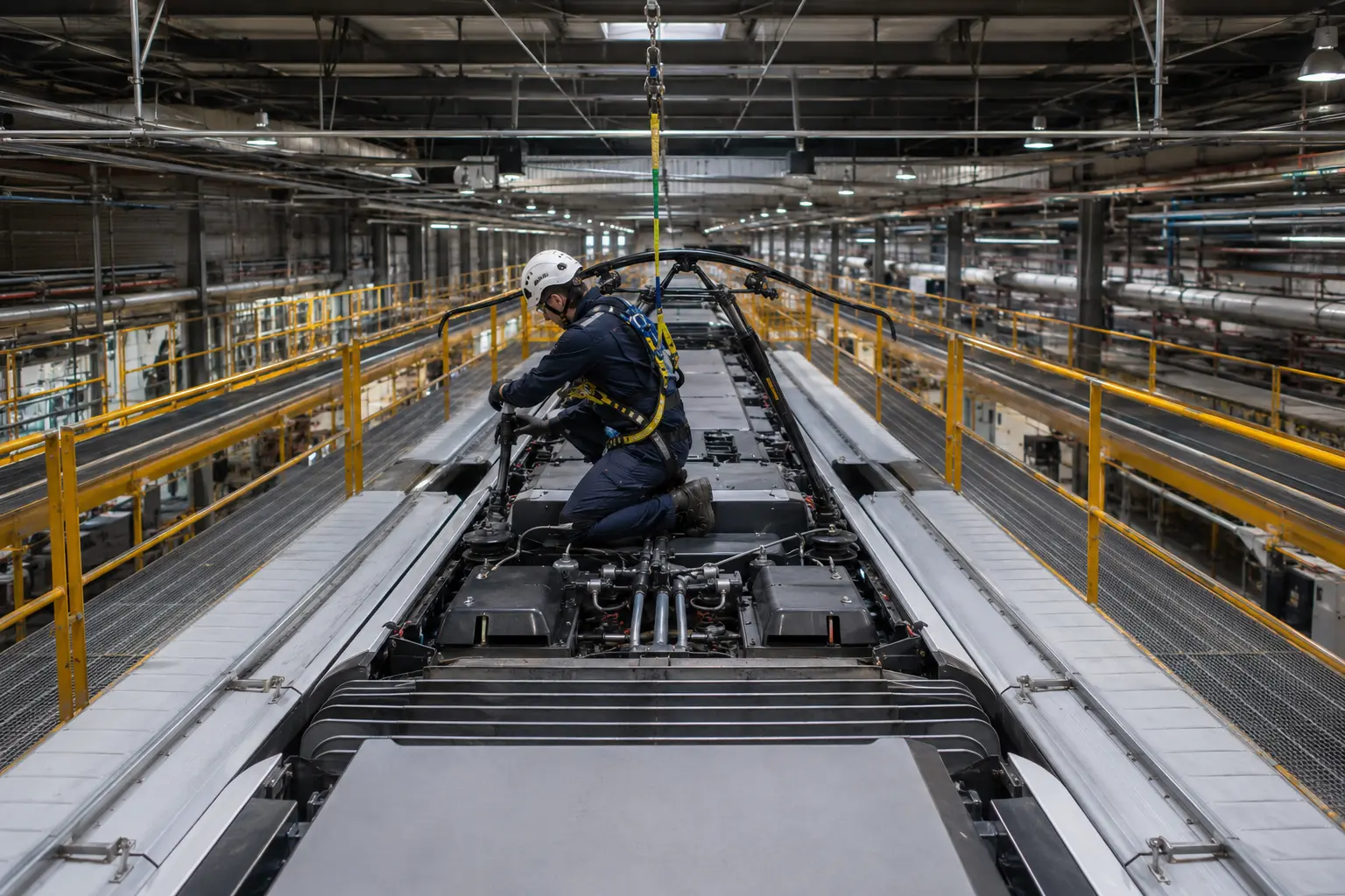 Technicien intervenant sur le toit d'une rame ferroviaire en atelier