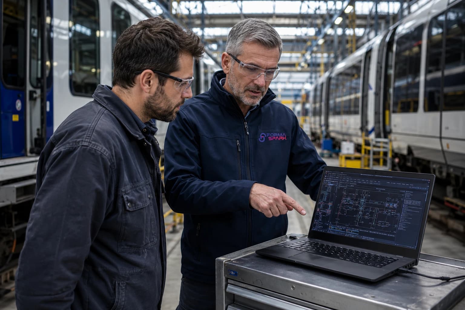 Experts FormaSpark étudiant un système ferroviaire en atelier