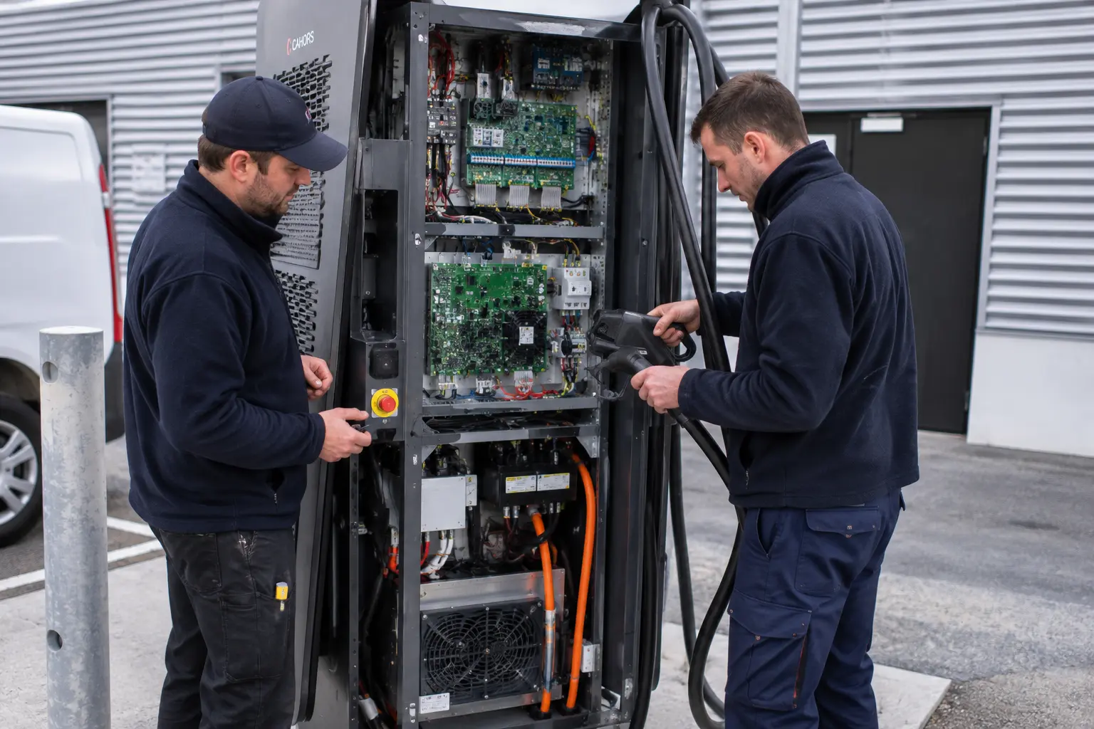 Techniciens intervenant sur une infrastructure de recharge IRVE